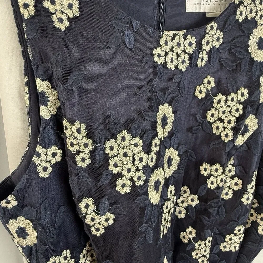 Tahari ASL Embroidered Midi Fit & Flare Dress Navy & Tan Lace Overlay Sz 10 New - Picture 4 of 9